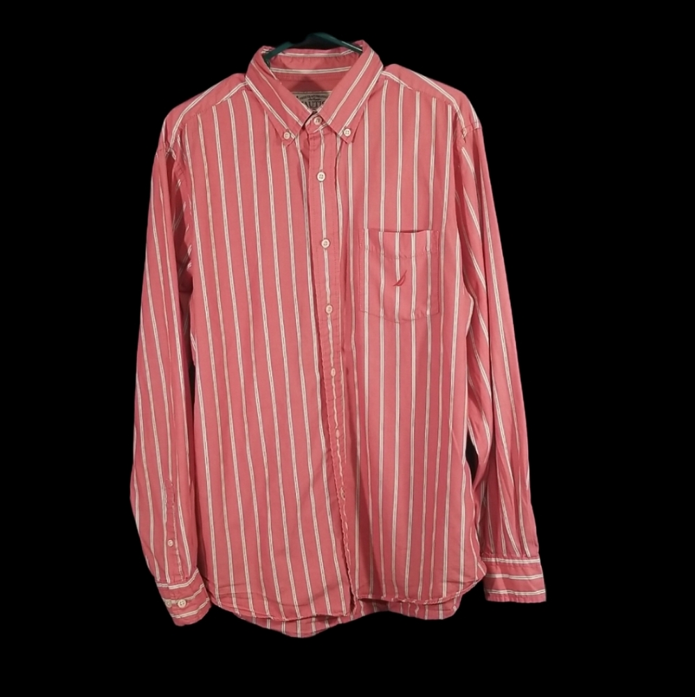 Nautica Button Down Casual Striped Long Sleeves Red Shirt.  M